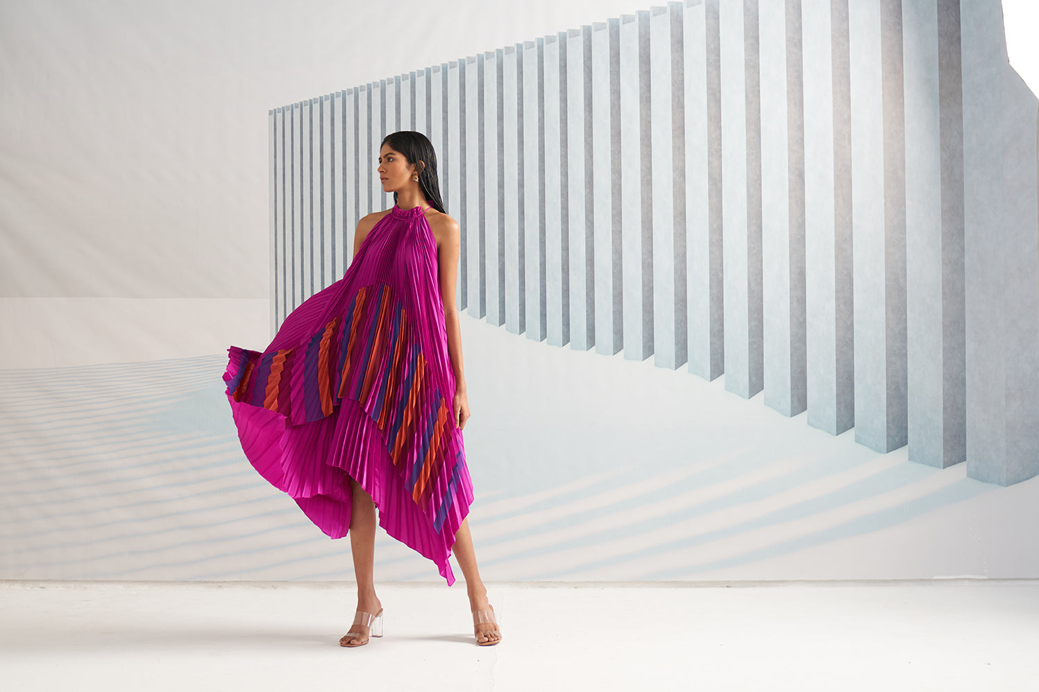 FUSCIA PLEATS PATCH DETAIL GOWN