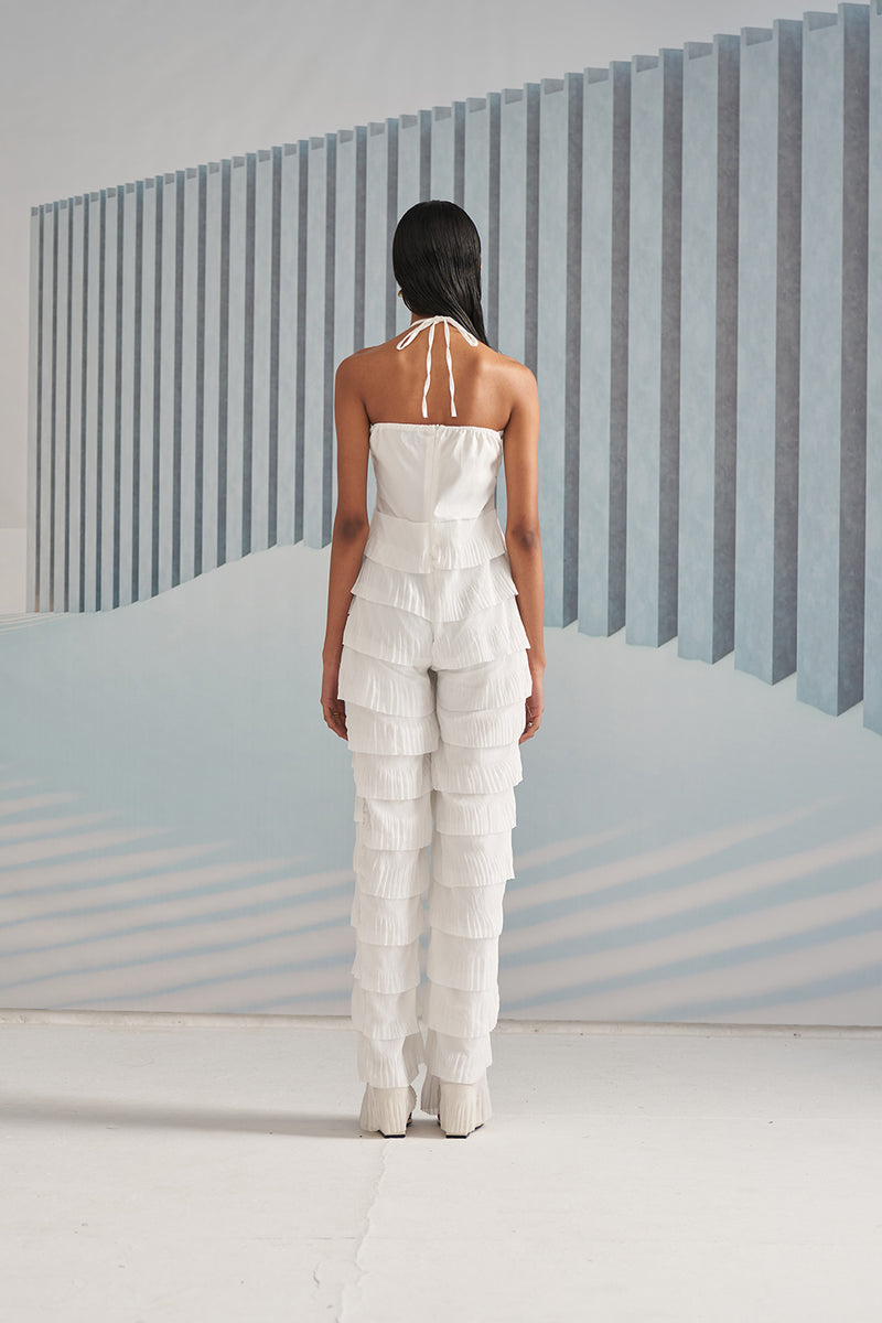 WHITE PLEATED LAYERS JUMPSUIT