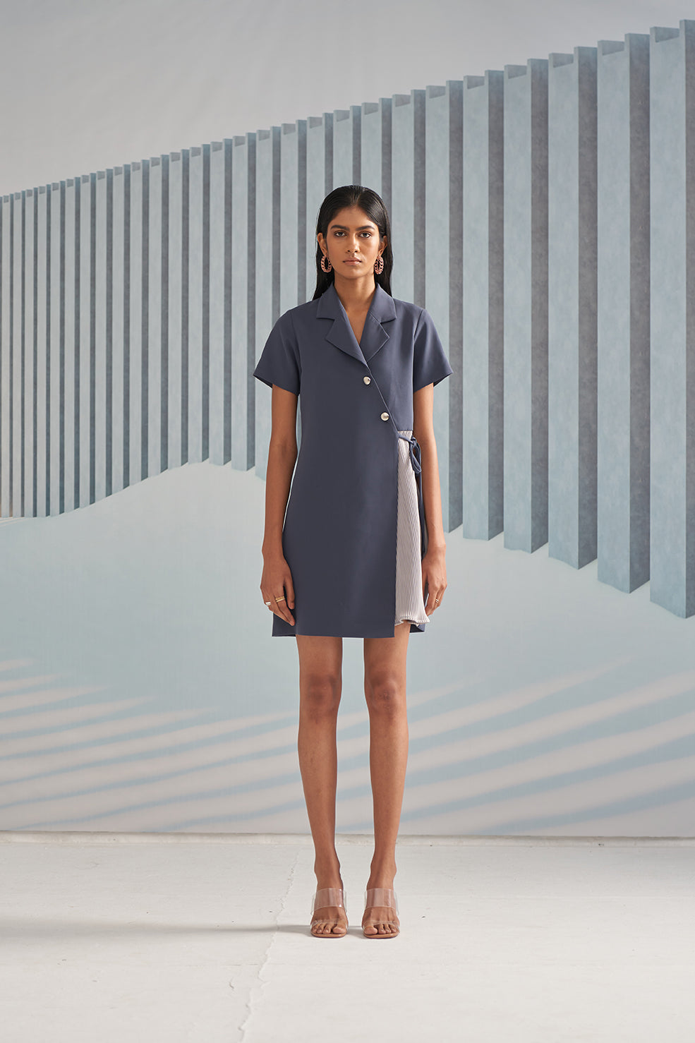 BLUE GREY TRENCH PLEATS DRESS