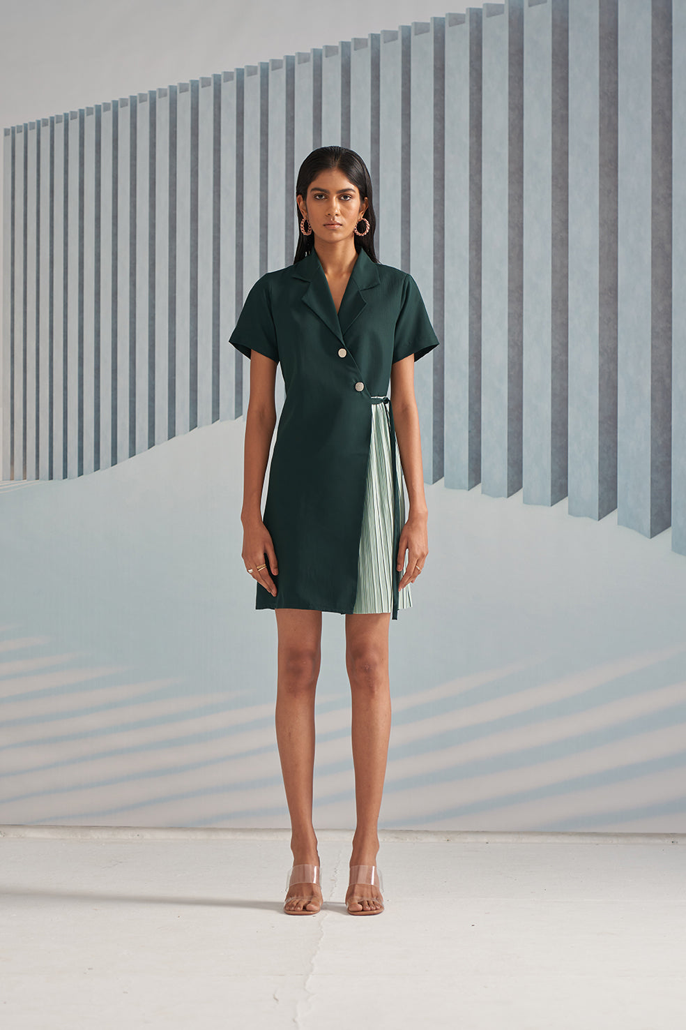 GREEN TRENCH PLEATS DRESS