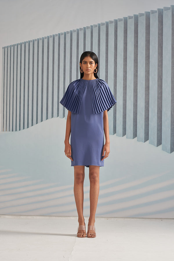 BLUE DRESS WITH PLEATED CAPE