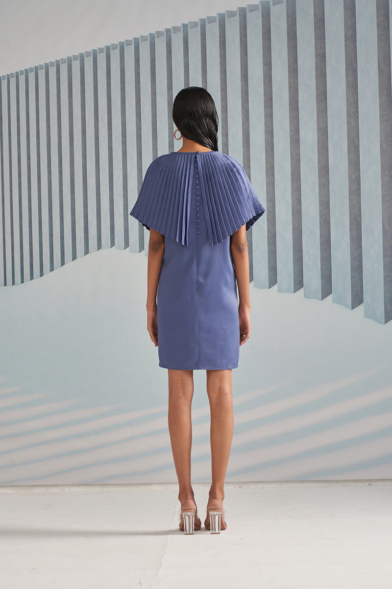 BLUE DRESS WITH PLEATED CAPE