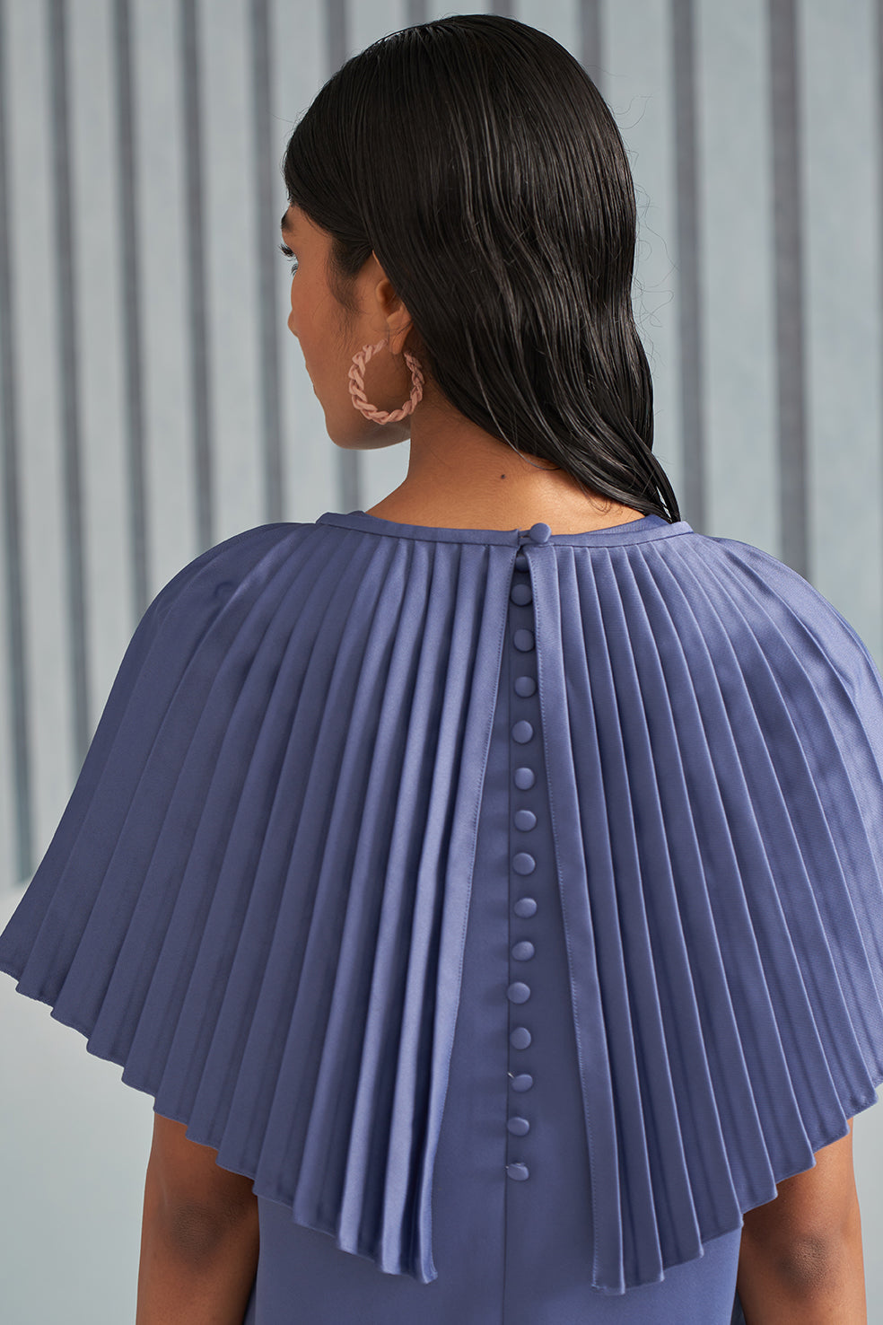BLUE DRESS WITH PLEATED CAPE