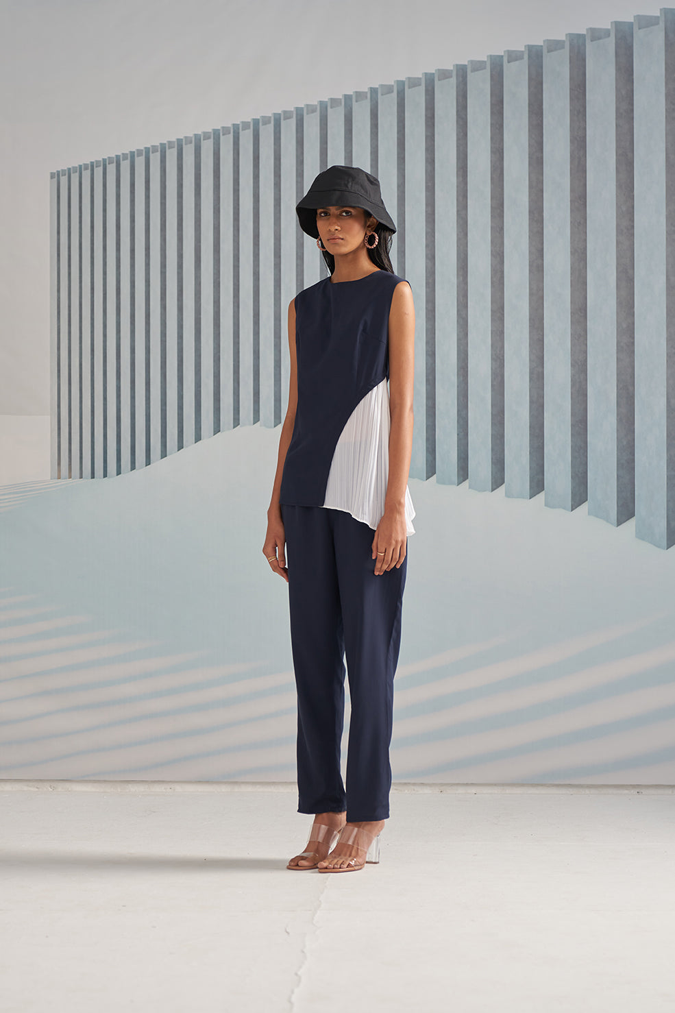 BLUE CREPE WITH WHITE PLEATS TOP