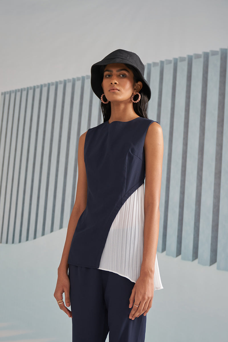 BLUE CREPE WITH WHITE PLEATS TOP
