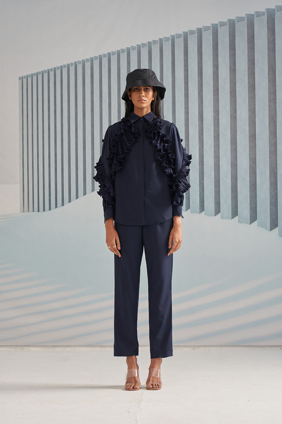 BLUE SHIRT WITH RUFFLE DETAILS