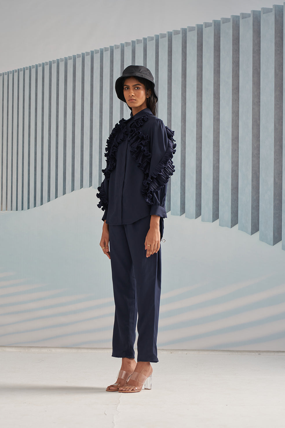 BLUE SHIRT WITH RUFFLE DETAIL & BLUE CREPE PANT SET