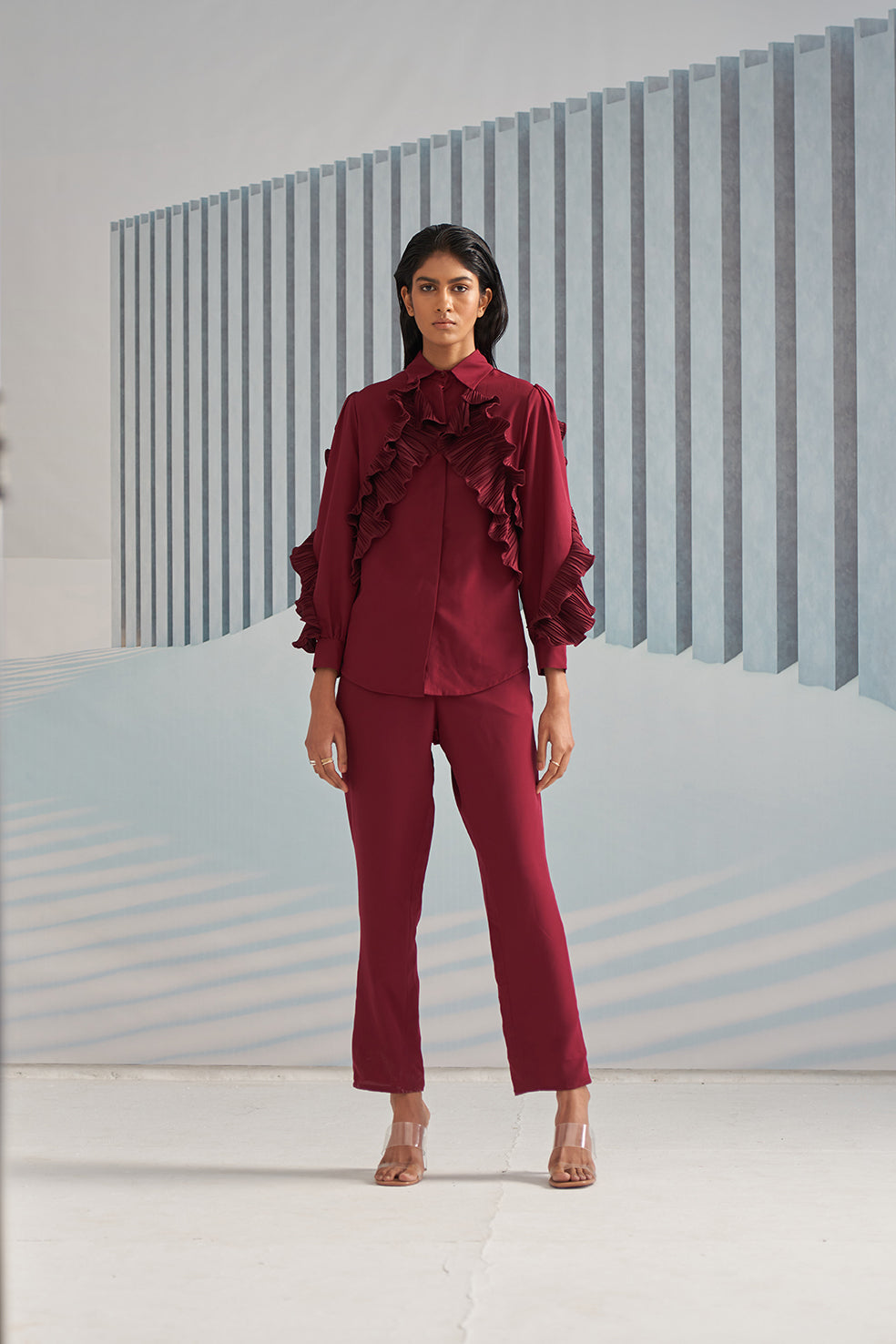 MAROON SHIRT WITH RUFFLE DETAILS & MAROON CREPE PANTS