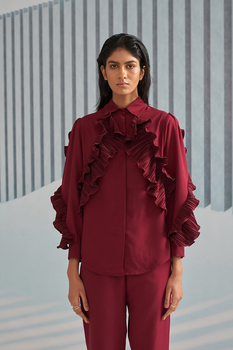 MAROON SHIRT WITH RUFFLE DETAILS