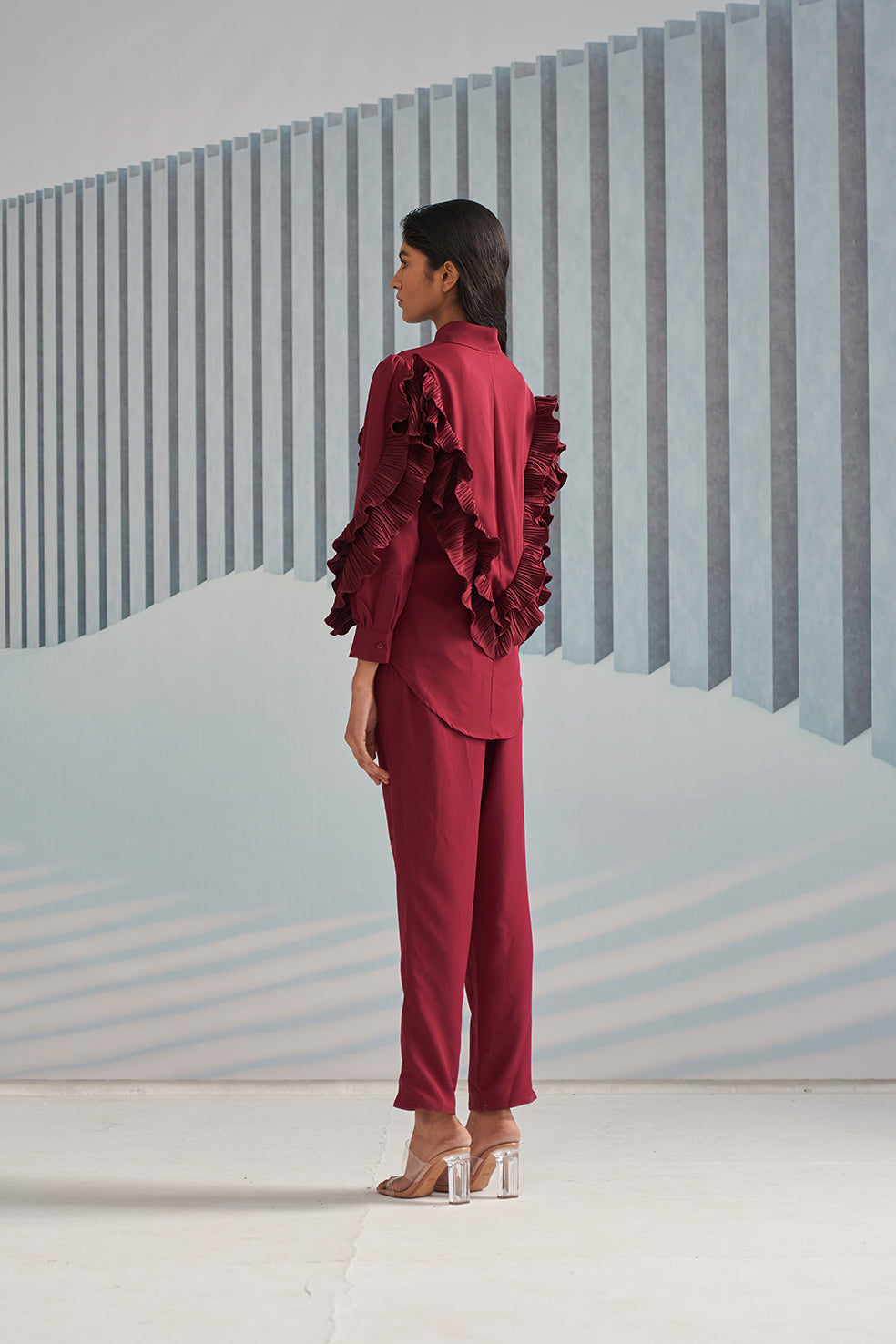MAROON SHIRT WITH RUFFLE DETAILS & MAROON CREPE PANTS