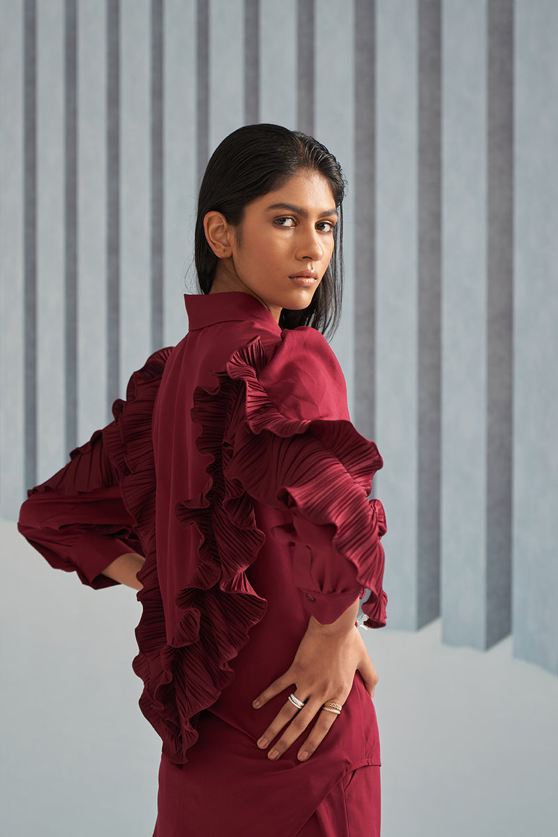 MAROON SHIRT WITH RUFFLE DETAILS