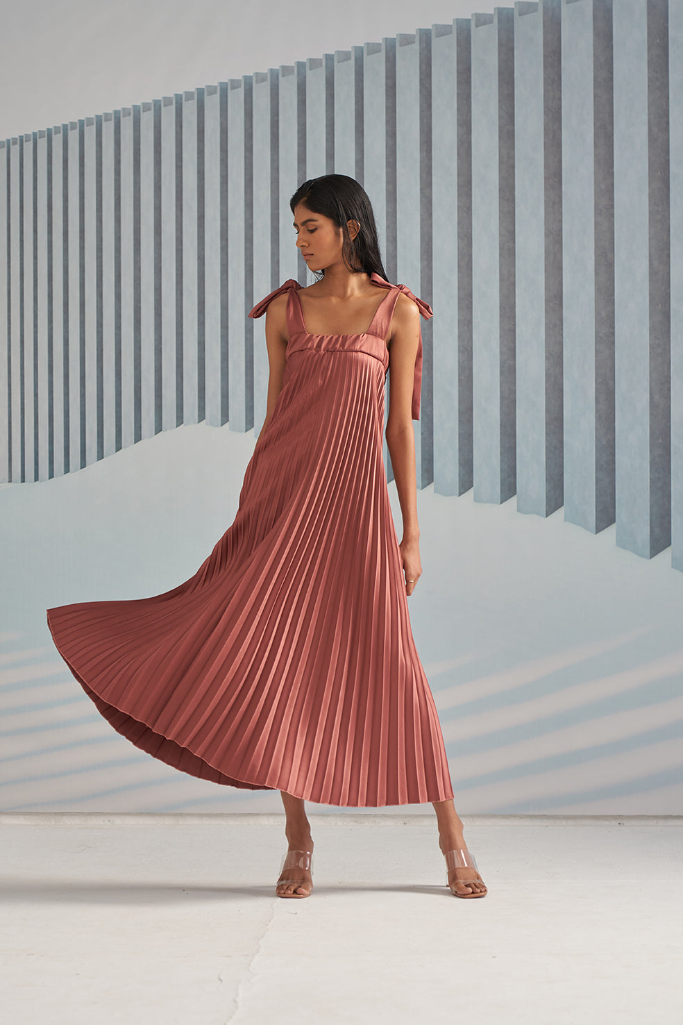 RUST PLEATS SLIP DRESS