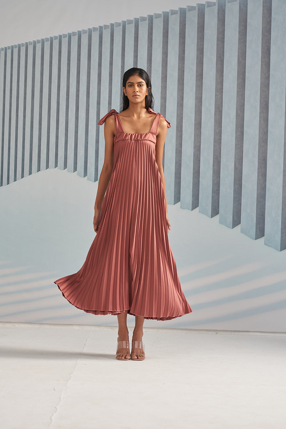 RUST PLEATS SLIP DRESS
