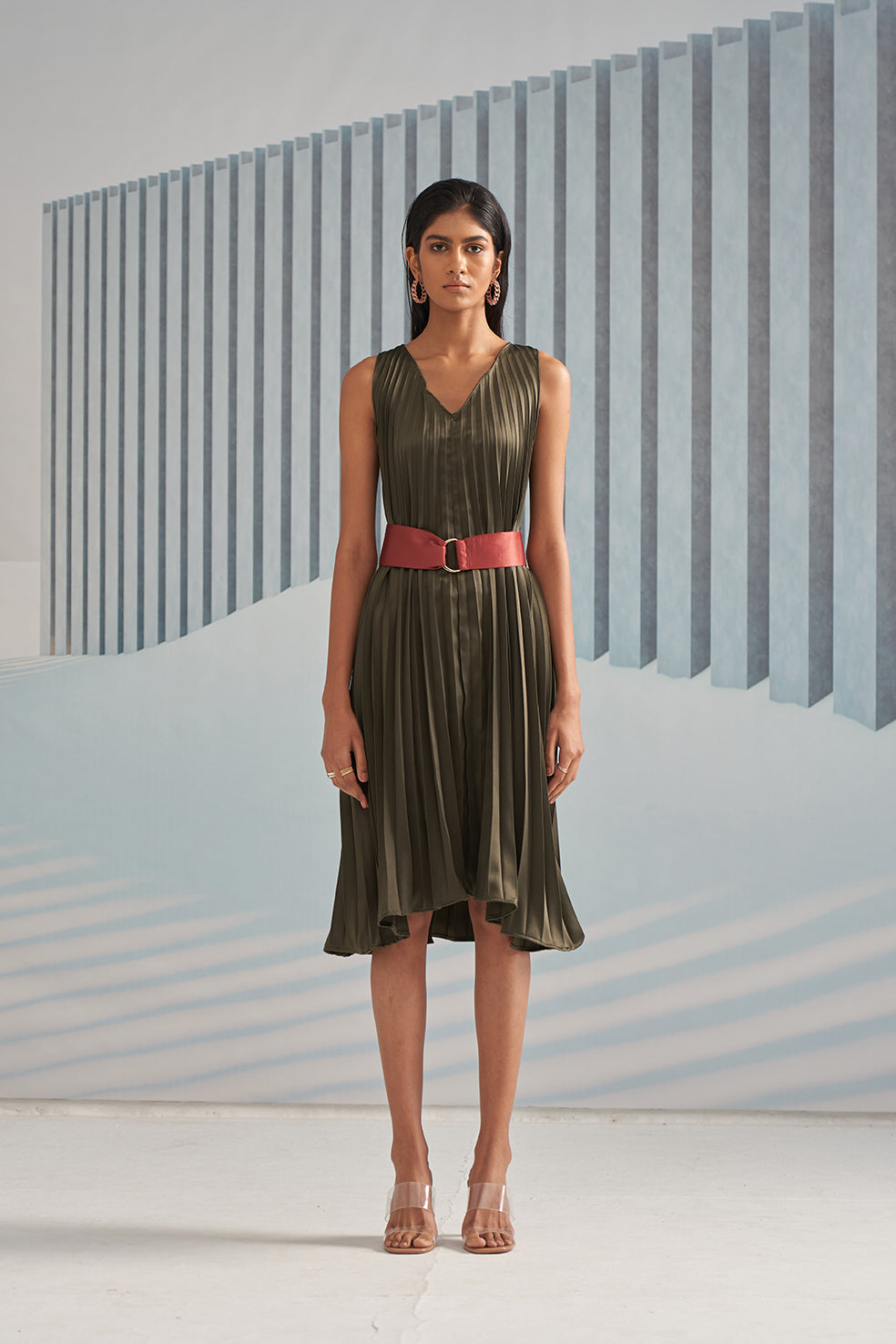 MILITARY GREEN V NECK PLEATED DRESS