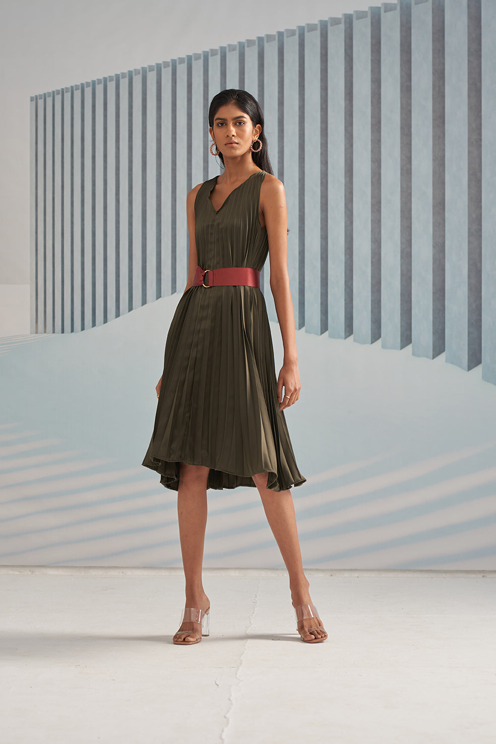 MILITARY GREEN V NECK PLEATED DRESS