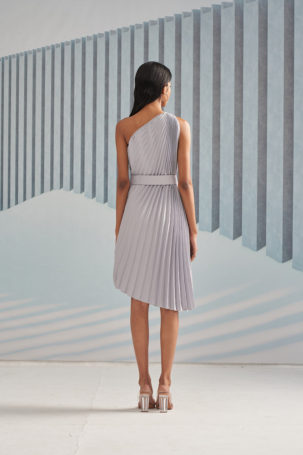 SILVER ONE SHOULDER DRESS WITH BELT