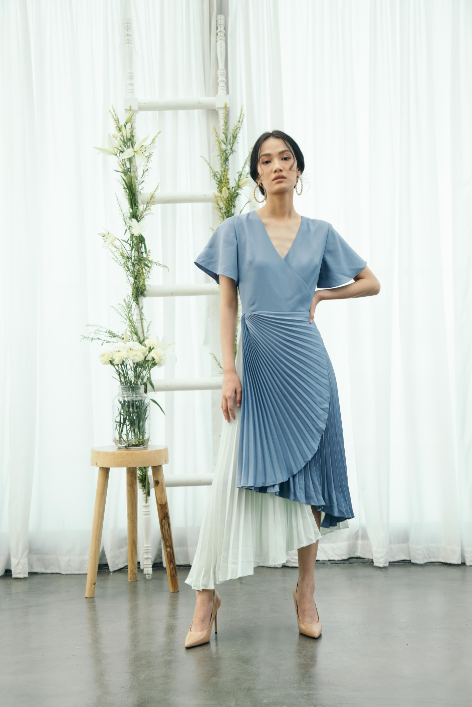 BLUE GREEN PLEATED DRESS