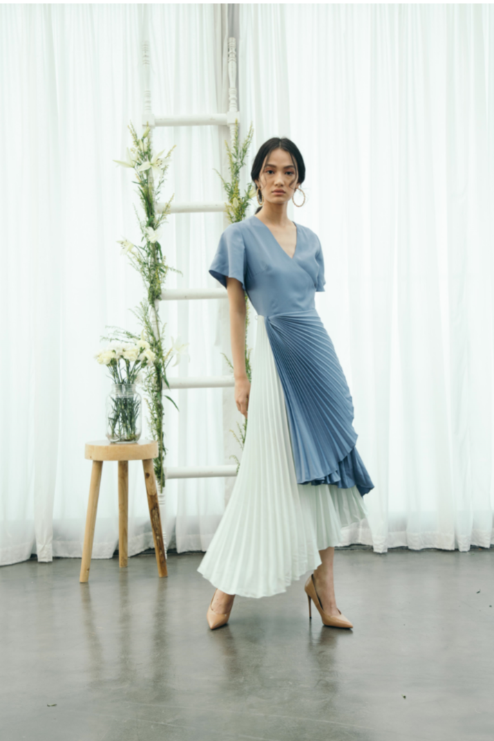 BLUE GREEN PLEATED DRESS