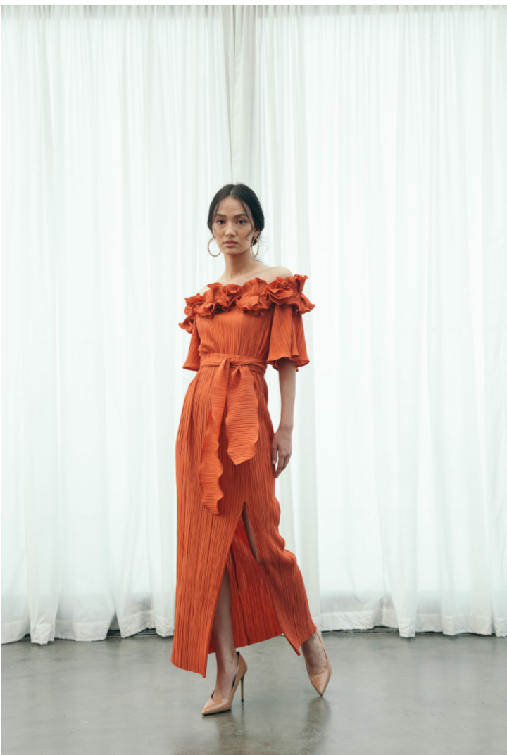 ORANGE PLEATED FLOWER GOWN