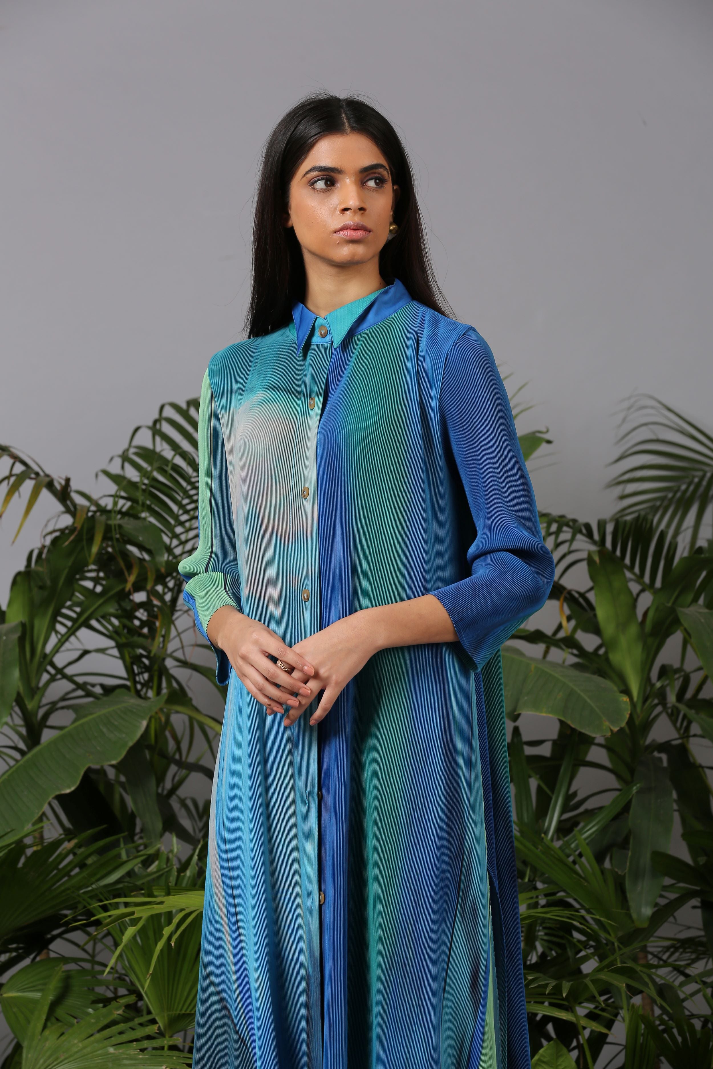 BLUE PRINTED BUTTON KURTI TOP & PANT SET
