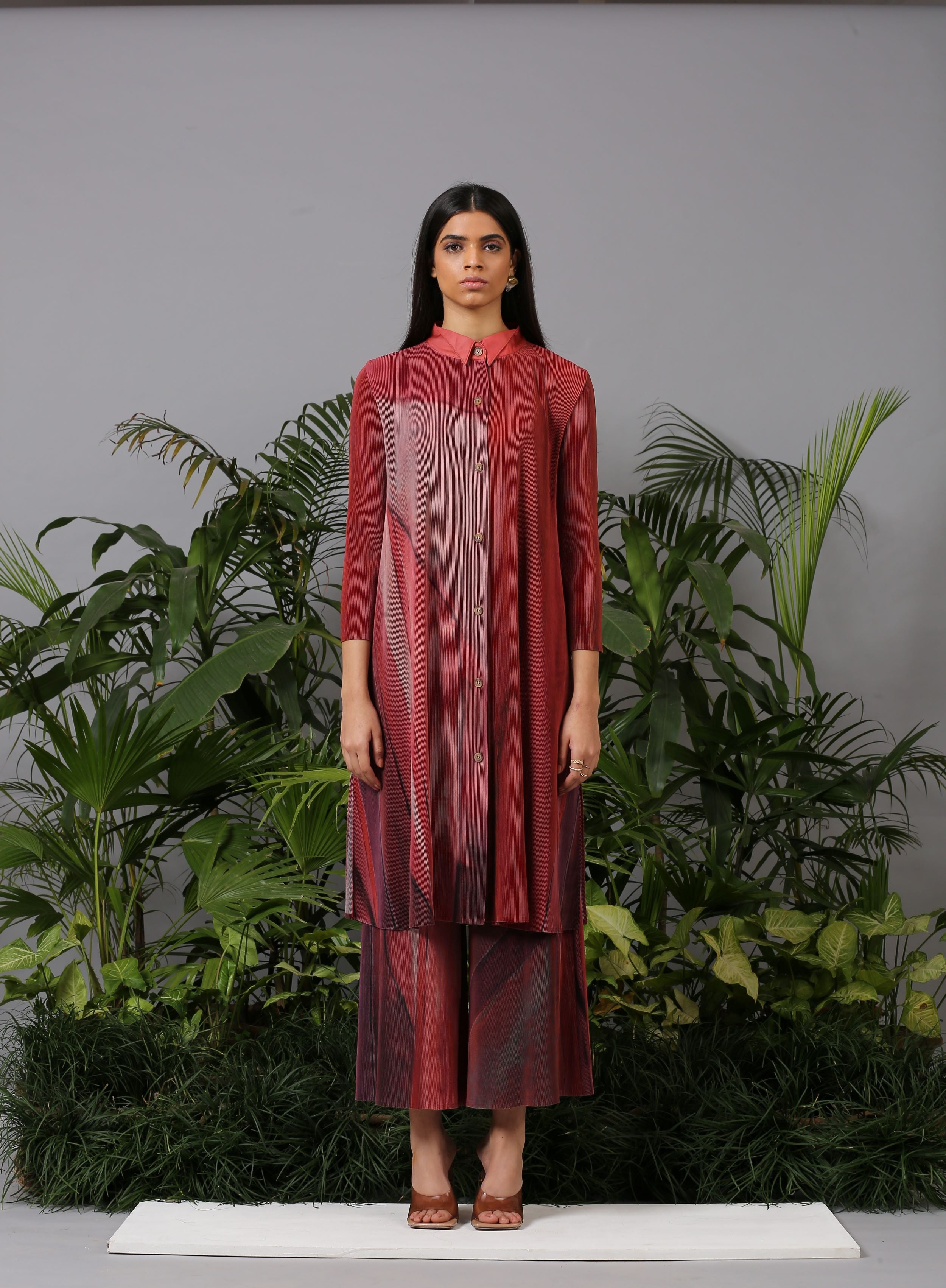 RED PRINTED BUTTON KURTI TOP & PANT SET