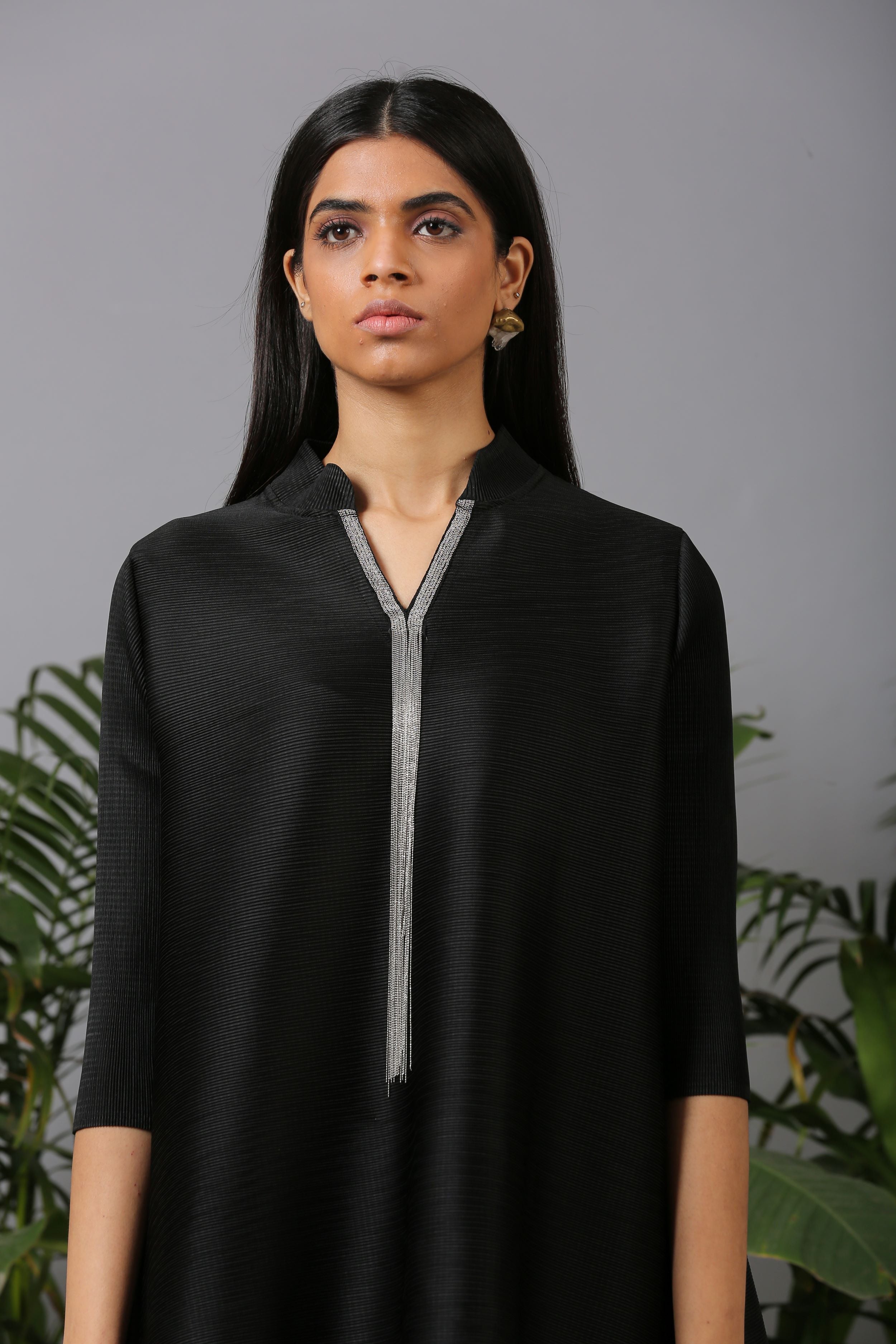 BLACK PLEATED TASSLE KURTI SET