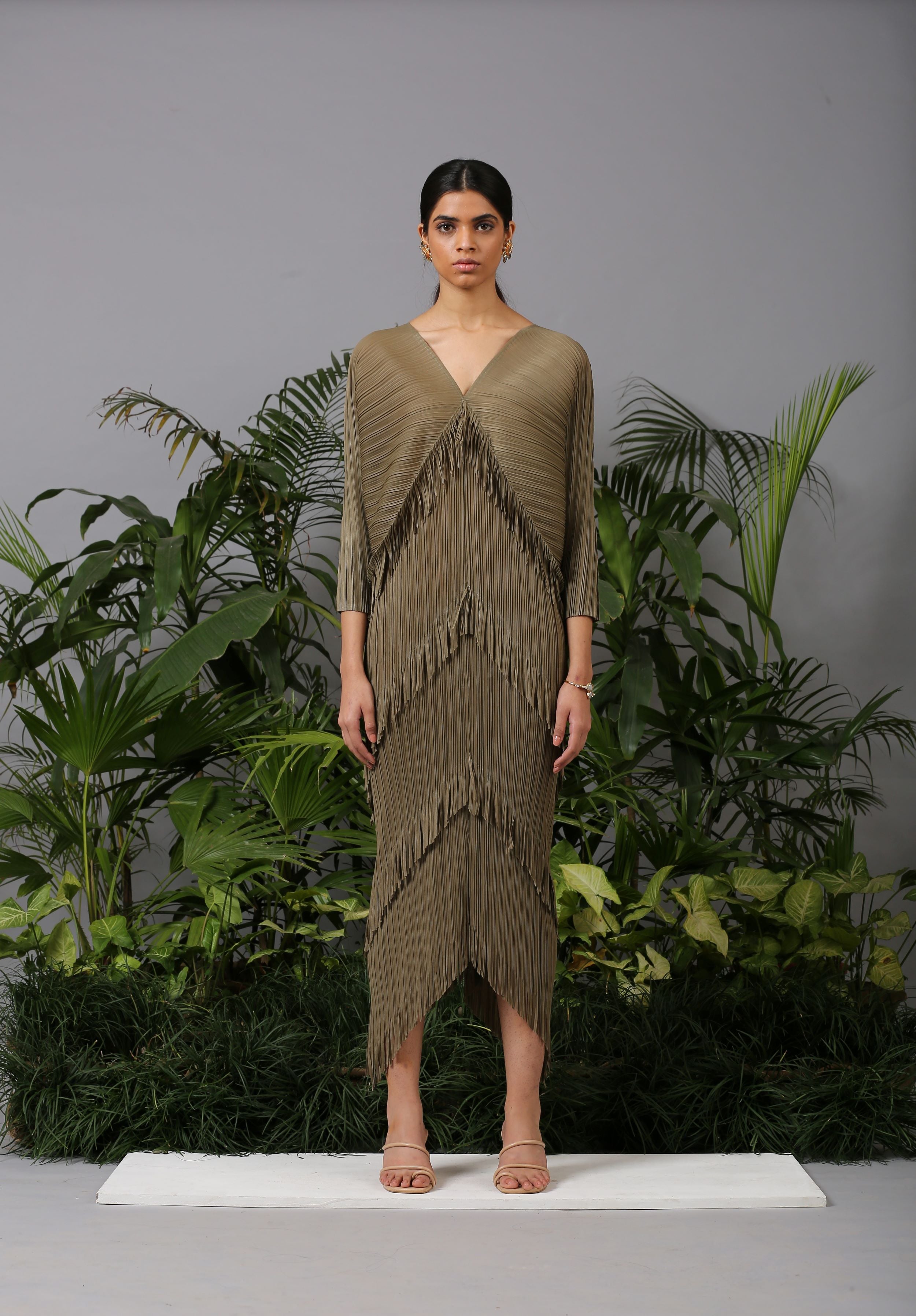 OLIVE GREEN FRINGE KAFTAN DRESS