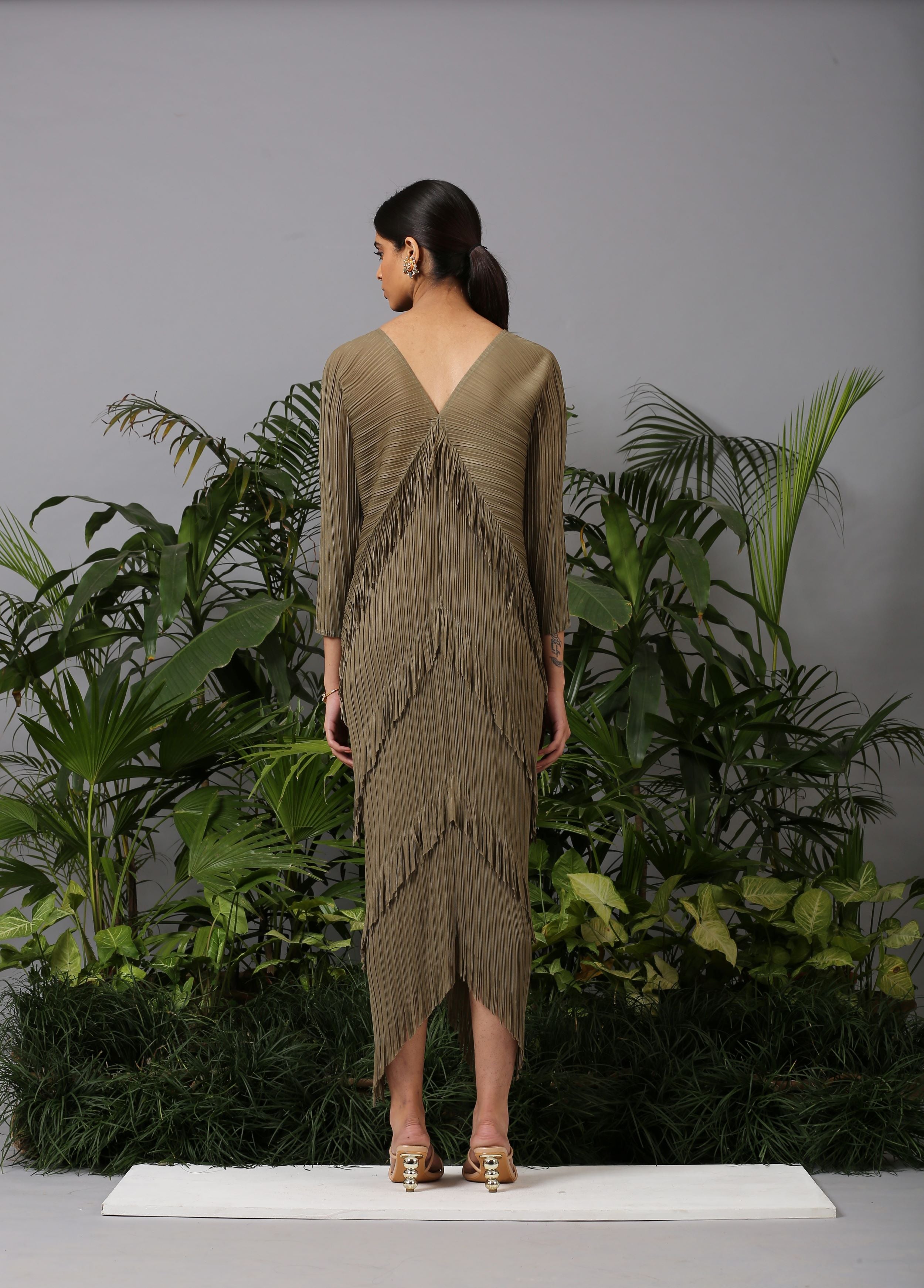 OLIVE GREEN FRINGE KAFTAN DRESS