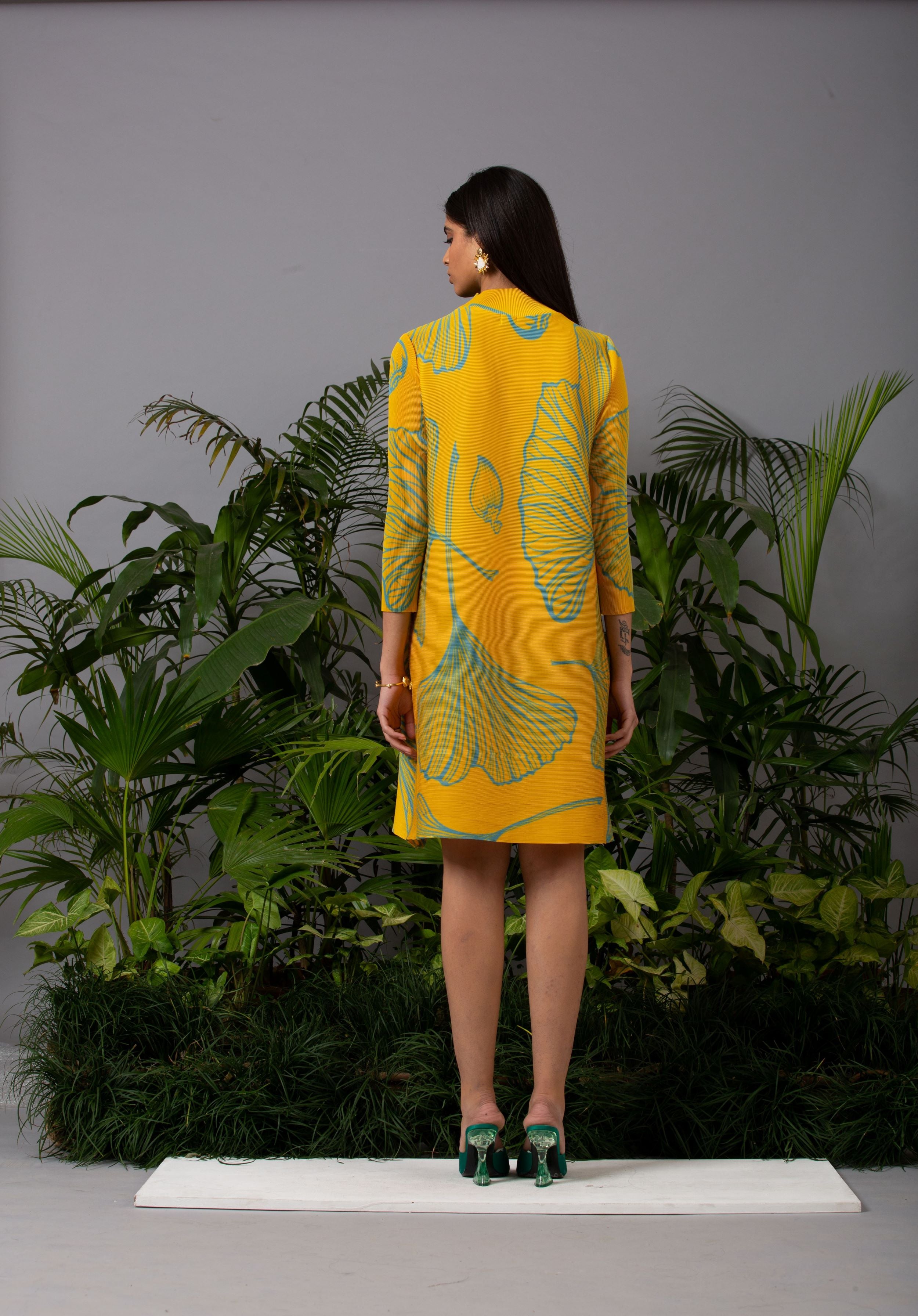 YELLOW SUMMER PRINT PLEATS DRESS