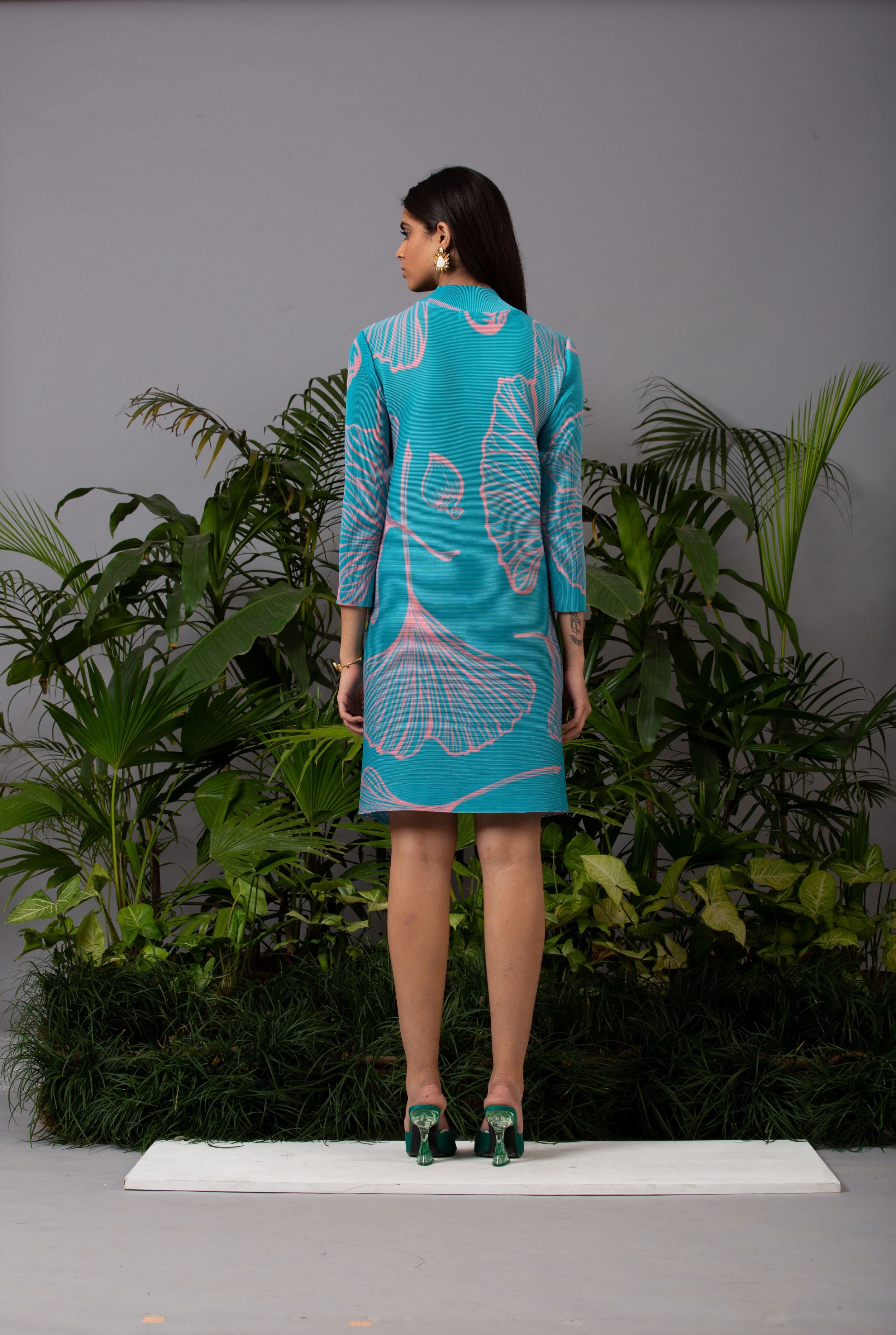 BLUE SUMMER PRINT PLEATS DRESS