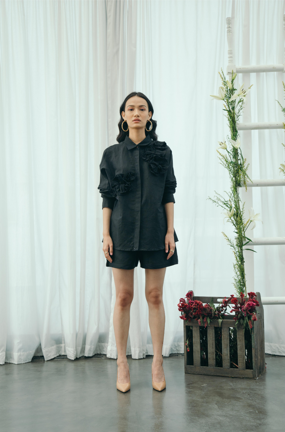 Black flower shirt and short set